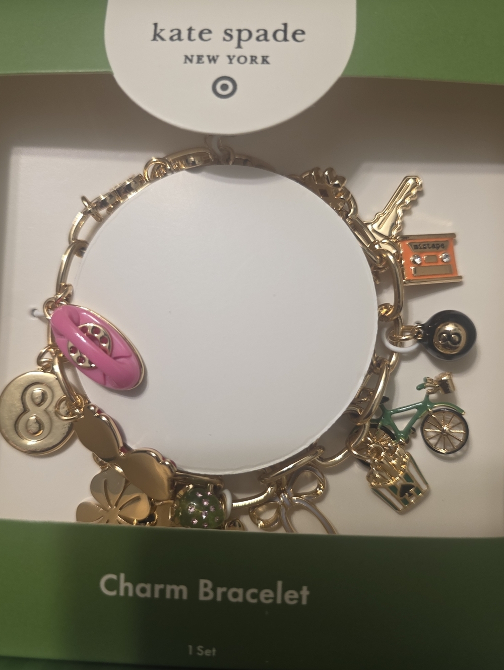 kate spade Gold-tone Charm Bracelet with Pink & Green Accents